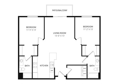 Floor plan for 2 beds, 2 baths, 1056 sqft